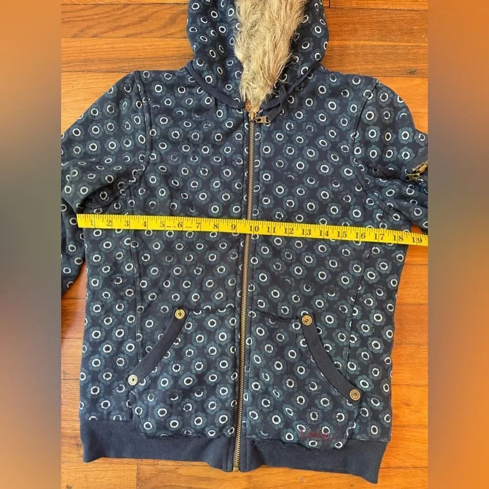 BILLABONG medium blue floral insulated faux fur hoodie zip up sweatshirt
